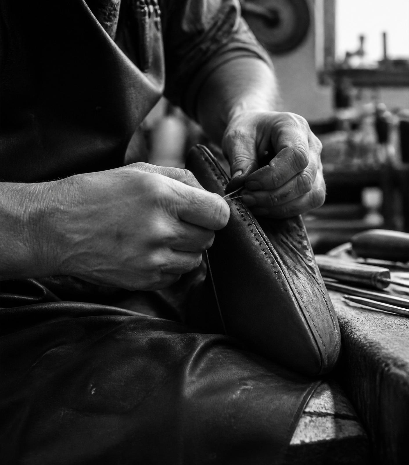 A shoemaker hand-stitching a leather sole